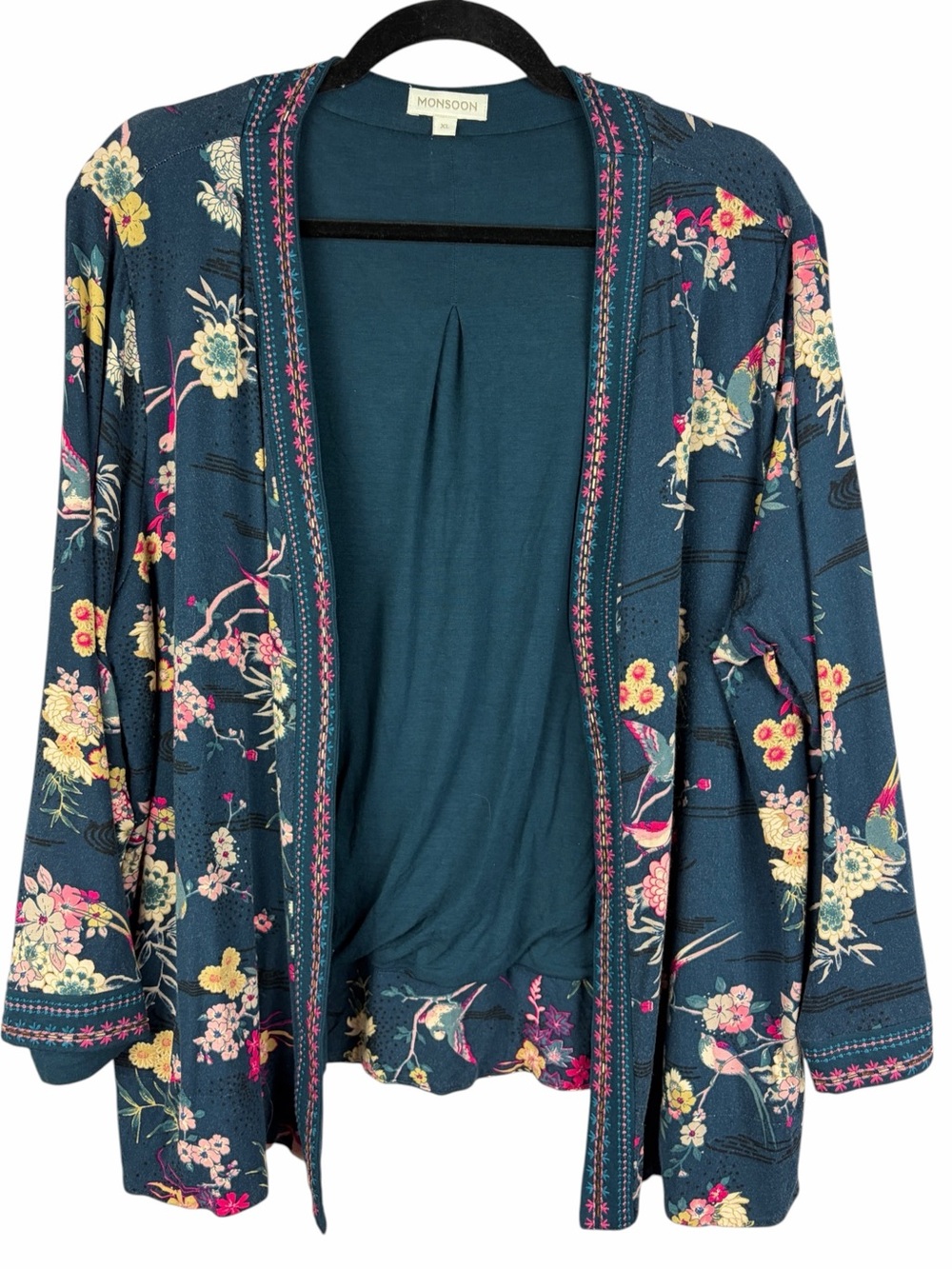 Monsoon XL Teal Floral Bird Kimono Cardigan Embroidered Beaded Boho